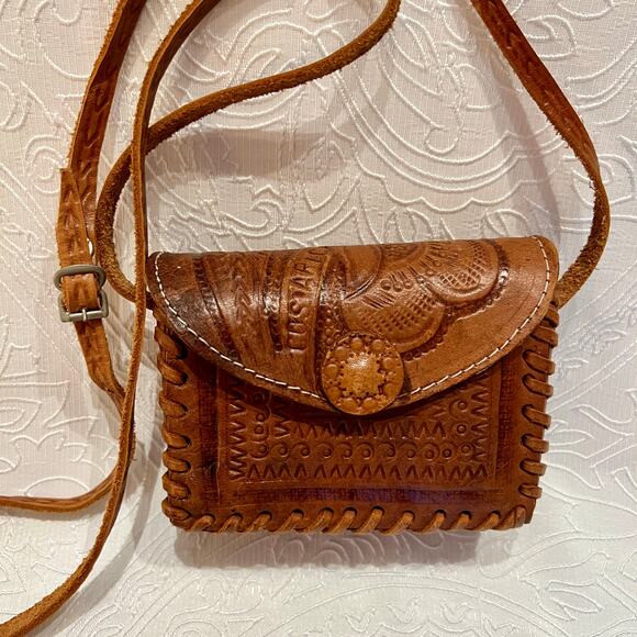 Handmade Brown Tooled Leather Purse Handbag Set Costa Rica Pura Vida - Picture 7 of 8
